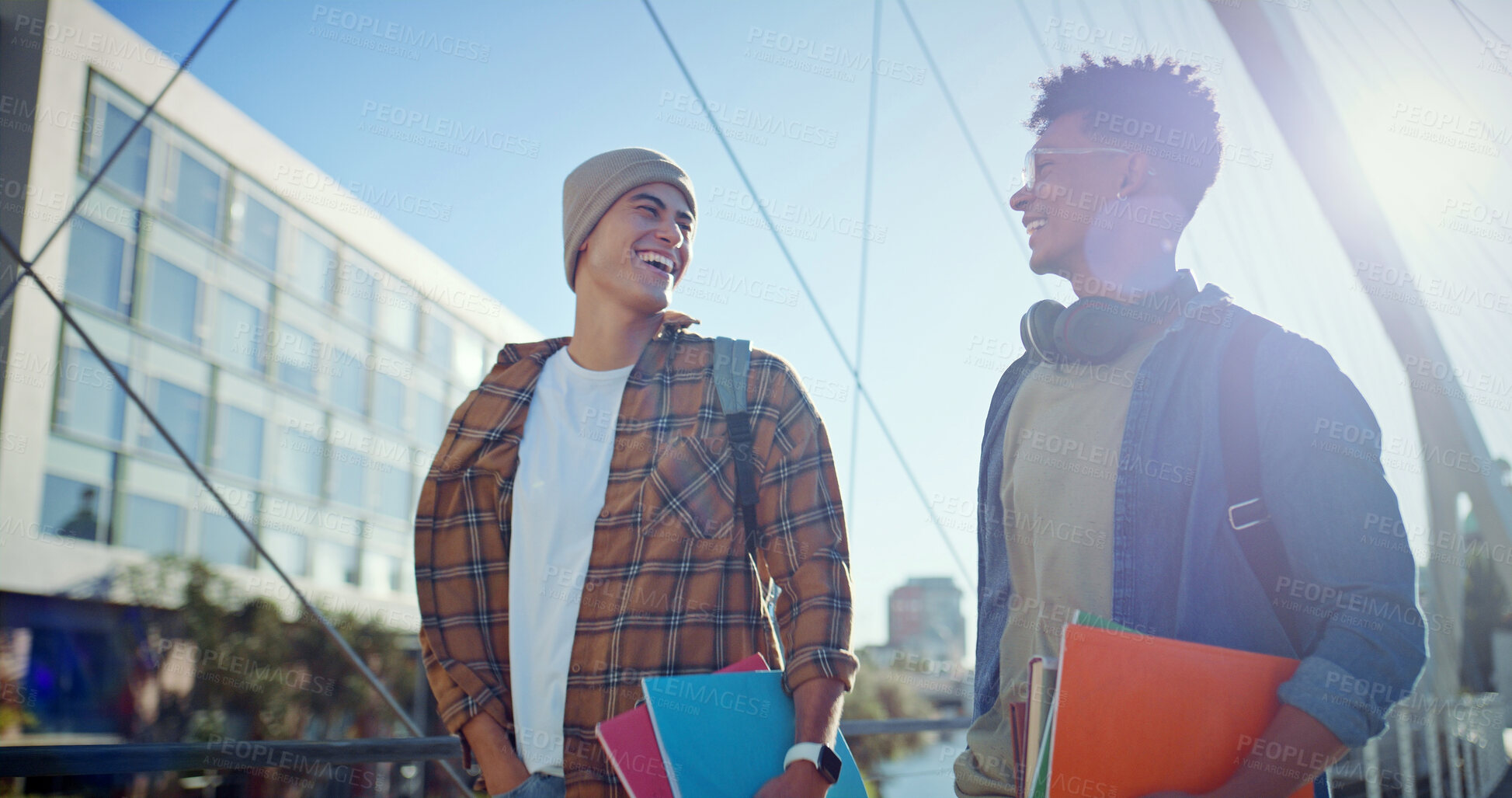 Buy stock photo Student, laughing and friends with people and books for learning, future and knowledge. University, academy and youth development with men talking at college campus for scholarship, funny and study