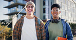 University, men and portrait of friends on outdoor bridge with student notebook, happy and together at college. Diversity, smile and morning with textbook and education in New York with learning