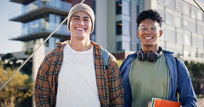 Buy stock photo University, men and portrait of friends on outdoor bridge with student notebook, happy and together at college. Diversity, smile and morning with textbook and education in New York with learning