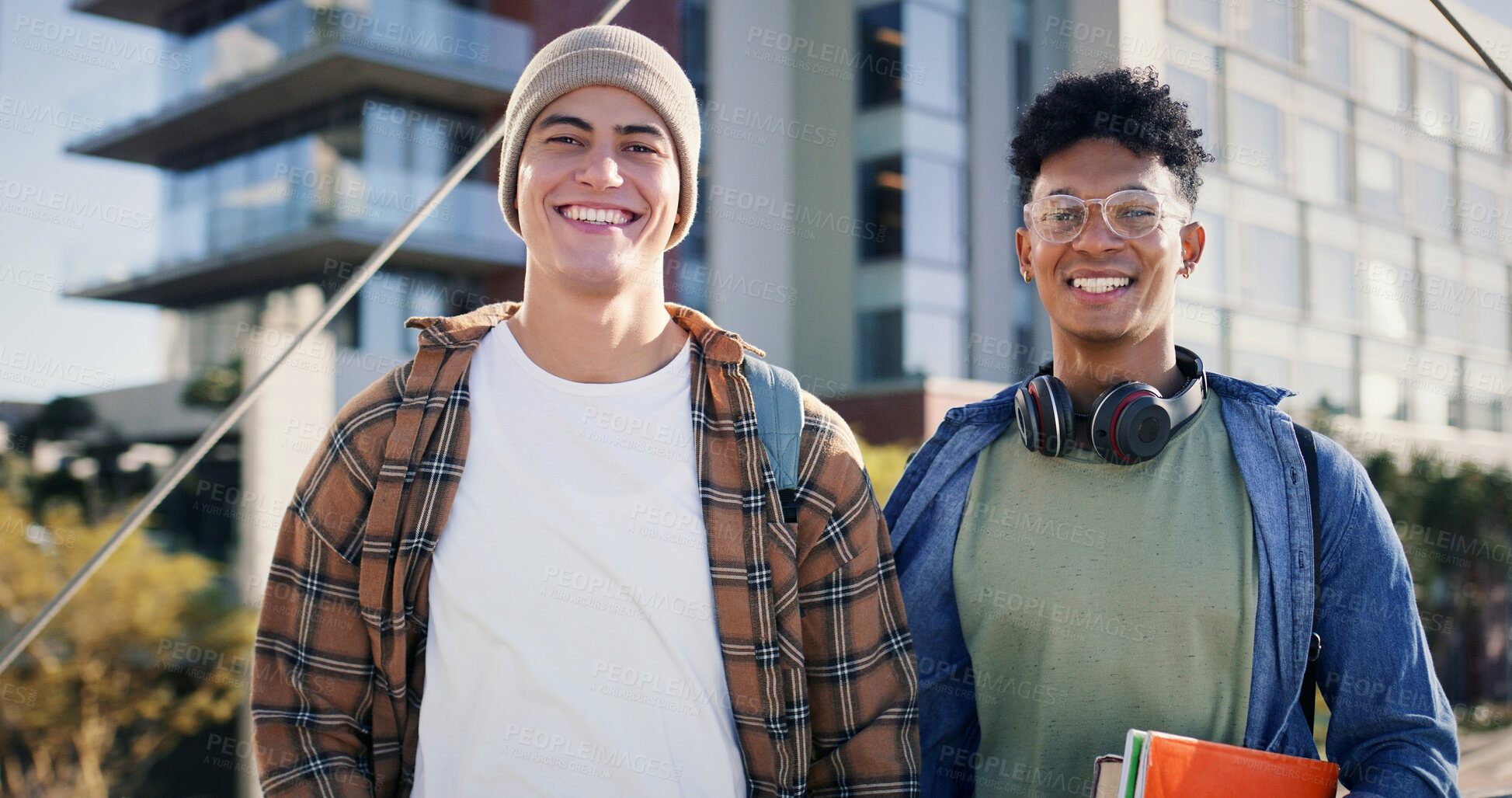 Buy stock photo University, men and portrait of friends on outdoor bridge with student notebook, happy and together at college. Diversity, smile and morning with textbook and education in New York with learning