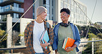 University, guy friends and outdoor students on bridge with notebook, chat and smile at college. Happy, confidence and morning with books, youth and education in New York with learning and diversity