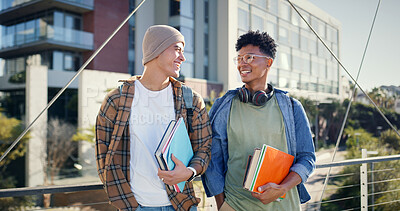Buy stock photo University, guy friends and outdoor students on bridge with notebook, chat and smile at college. Happy, confidence and morning with books, youth and education in New York with learning and diversity