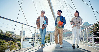 Buy stock photo Walking, education and friends with people and books for future, learning and knowledge. University, academy and youth development with students at college campus for scholarship, school and studying