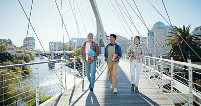 Buy stock photo Walking, learning and friends with people and books for future, education and knowledge. University, academy and youth development with students at college campus for scholarship, school and studying