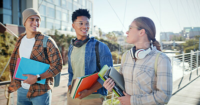 Buy stock photo Students, books and walking at college for class, bonding and social in morning. People, happy and talk on campus for education, learning or friendship at university with opportunity for future plans