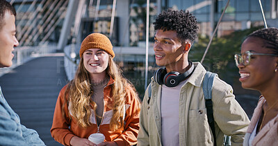 Buy stock photo Students, smile and talking at university for social, bonding and catch up in morning. People, happy or joke on campus for education, storytelling or friendship at academy with opportunity for future