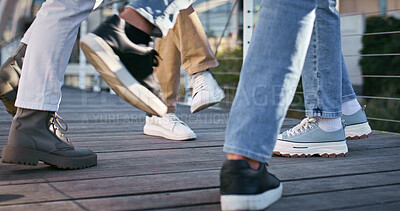 Buy stock photo Dance, celebration and music with feet of people for excited, hip hop and artist performance. Freedom, creative and urban with closeup of group of dancers in city for energy, summer and talent