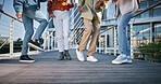 Dance, celebration and creative with feet of people for music, hip hop and artist performance. Freedom, excited and urban with closeup of group of dancers in city for energy, summer and talent