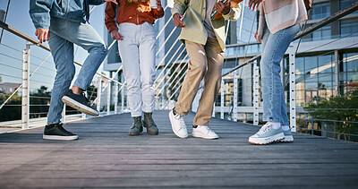 Buy stock photo Dance, celebration and creative with feet of people for music, hip hop and artist performance. Freedom, excited and urban with closeup of group of dancers in city for energy, summer and talent