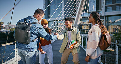 Buy stock photo Students, excited and handshake at university for social, bonding and freedom in morning. People, happy and diversity on campus with dance, music and friendship at academy with support for future
