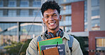 University, black man and portrait outdoor with student notebook, backpack and smile at college. Happy, confidence and morning with textbook, youth and education of learner in New York with learning