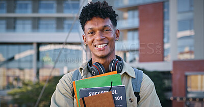 Buy stock photo University, black man and portrait outdoor with student notebook, backpack and smile at college. Happy, confidence and morning with textbook, youth and education of learner in New York with learning