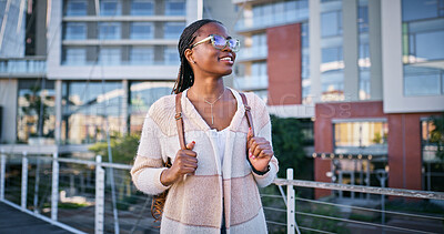 Buy stock photo Student, learning and thinking with black woman in outdoor for education, future and knowledge. University, inspiration and youth development with person at college for scholarship, vision and study