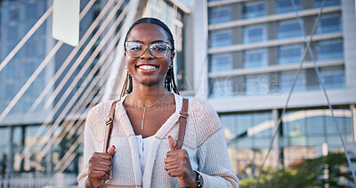Buy stock photo Black woman, student or portrait at university for education, learning or happy for academic opportunity. Girl, smile or glasses on campus for scholarship, exchange programme or commitment in Nigeria
