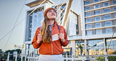 Buy stock photo Student, inspiration and thinking with woman in outdoor for education, future and knowledge. Learning, vision and youth development with person at campus for scholarship, college and studying