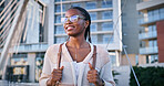 Student, university and thinking with black woman in outdoor for education, future and knowledge. Learning, inspiration and youth development with person at college for scholarship, vision and study