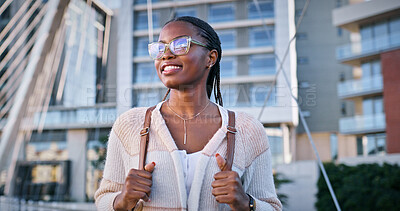 Buy stock photo Student, university and thinking with black woman in outdoor for education, future and knowledge. Learning, inspiration and youth development with person at college for scholarship, vision and study