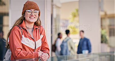 Buy stock photo Woman, college student and smile in balcony with pride for education, progress and study in England. Female person, university learner and happy outside on portrait with confidence for learning
