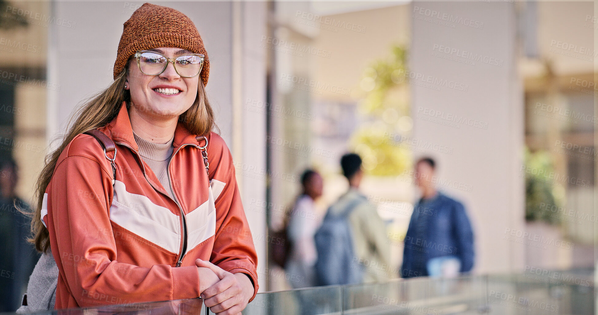 Buy stock photo Woman, college student and smile in balcony with pride for education, progress and study in England. Female person, university learner and happy outside on portrait with confidence for learning
