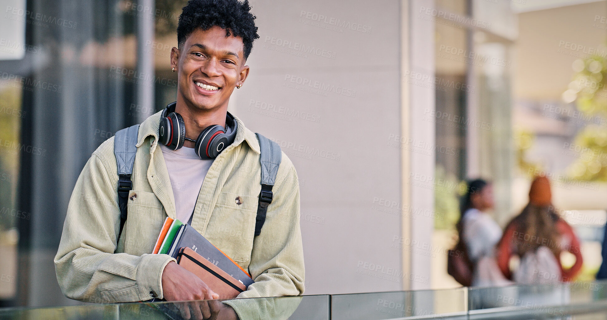Buy stock photo Man, university student and smile in outdoor with pride for education, progress and study in Cuba. Male person, college learner and happy on portrait with confidence for exams and assessment