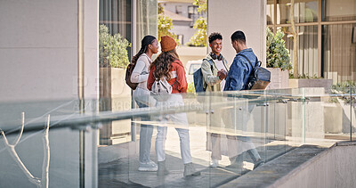 Buy stock photo Students, happy and handshake at university for welcome, friendship and support in education. People, excited and meeting on campus for reunion, new semester and scholarship opportunity for learning