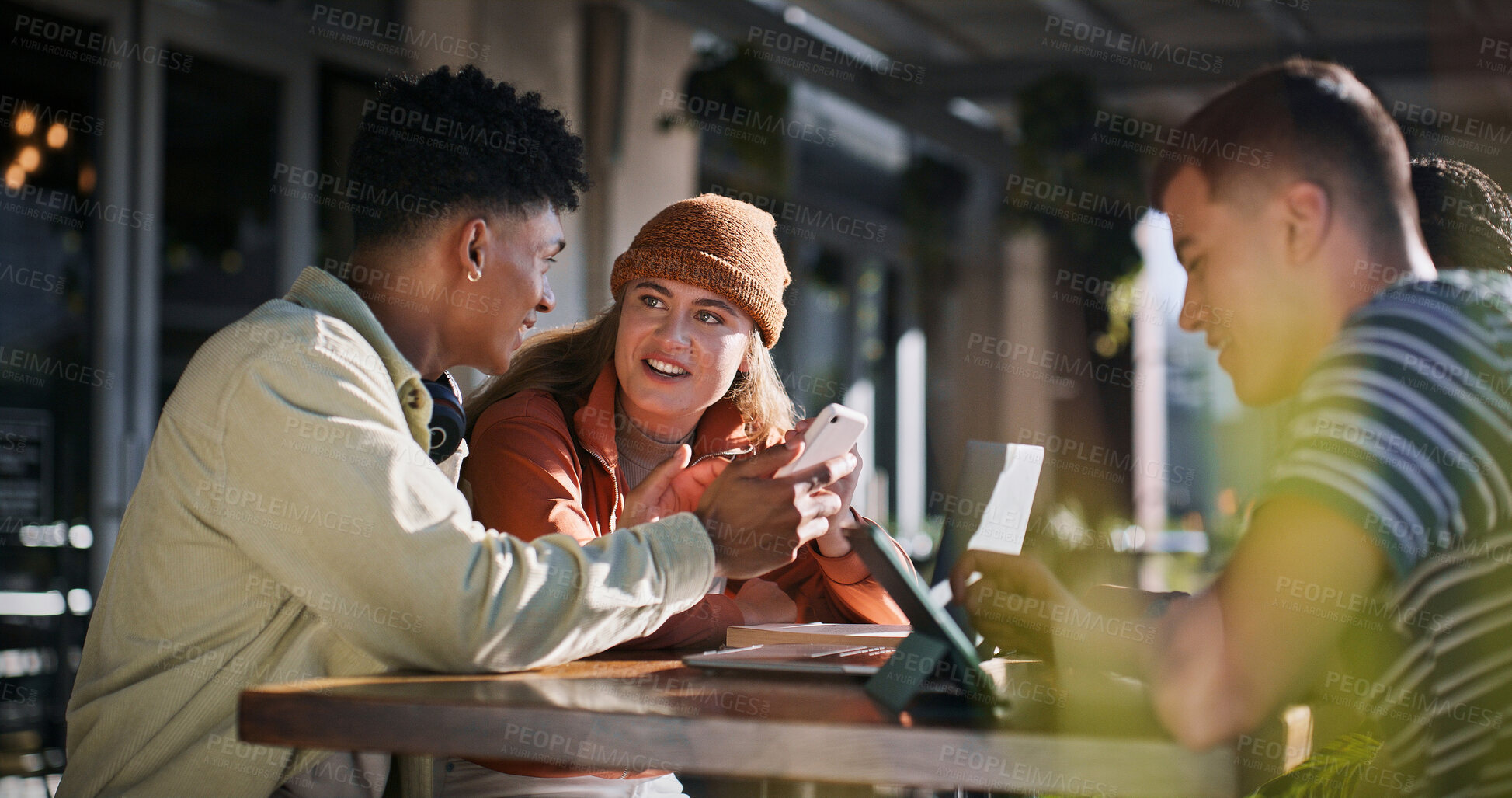 Buy stock photo Education, phone and tablet with student friends on campus together for development or learning. College, conversation or university with man and woman study group at school together for growth