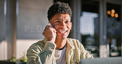 Buy stock photo Happy, man and student with phone call outdoor for communication, school scholarship and opportunity. Smile, male person and mobile app for education discussion, class schedule and study information