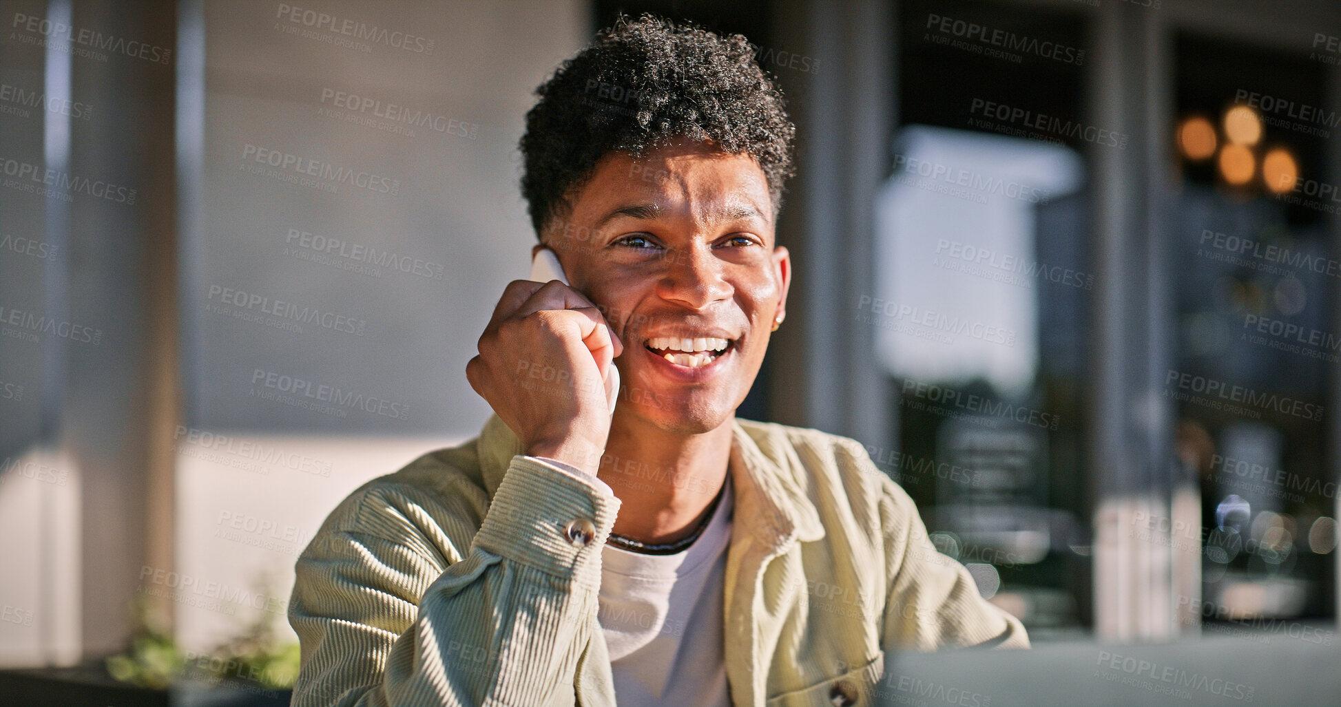 Buy stock photo Happy, man and student with phone call outdoor for communication, school scholarship and opportunity. Smile, male person and mobile app for education discussion, class schedule and study information