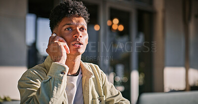 Buy stock photo Serious, man and student with phone call outdoor for communication, school scholarship and opportunity. Thinking, male person and mobile for education discussion, class schedule and study information