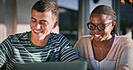 College, laptop and smile with student friends on campus together for learning or study. Education, computer or university with man and woman learner outdoor together for development or growth