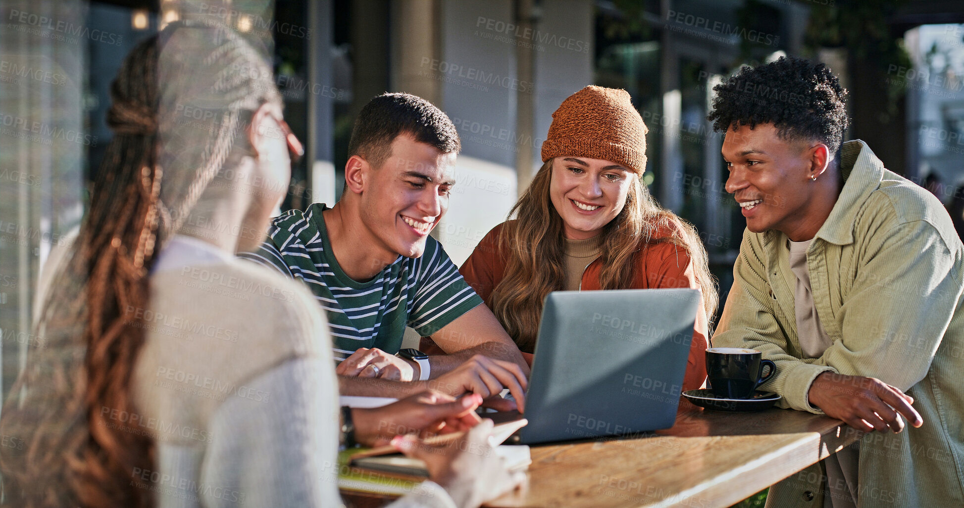 Buy stock photo Education, laptop and student group of friends on campus together for future or learning. College, smile or university with happy men and women outdoor for development, growth or online study