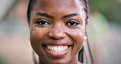 Buy stock photo Girl, student and outdoor for portrait with smile, academic opportunity or scholarship. Woman, happy or face on university campus for exchange programme, ambition or ready for new semester in Nigeria