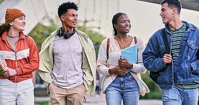 Buy stock photo Group, students and outdoor with friends, happy and backpacks for walking on campus or university. People, smile and talking for education, development and scholarship for learning, college or school