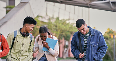 Buy stock photo Group, students and outdoor with friends, talking and diversity for walking on campus or university. People, laugh and happy for education, development and scholarship for learning, college or school