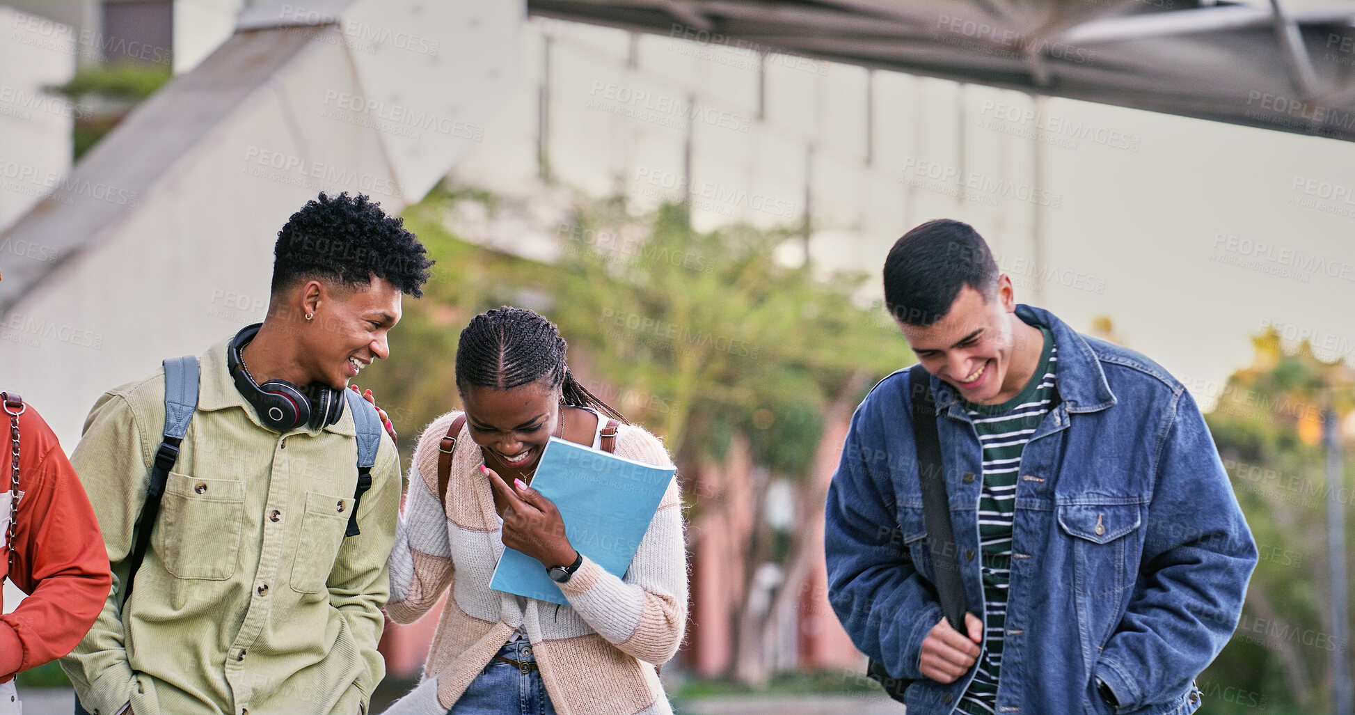 Buy stock photo Group, students and outdoor with friends, talking and diversity for walking on campus or university. People, laugh and happy for education, development and scholarship for learning, college or school