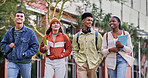 Group, university students and outdoor with people, chat and diversity for walking on campus. Friends, happiness and talking for education, development and scholarship for learning, college or school