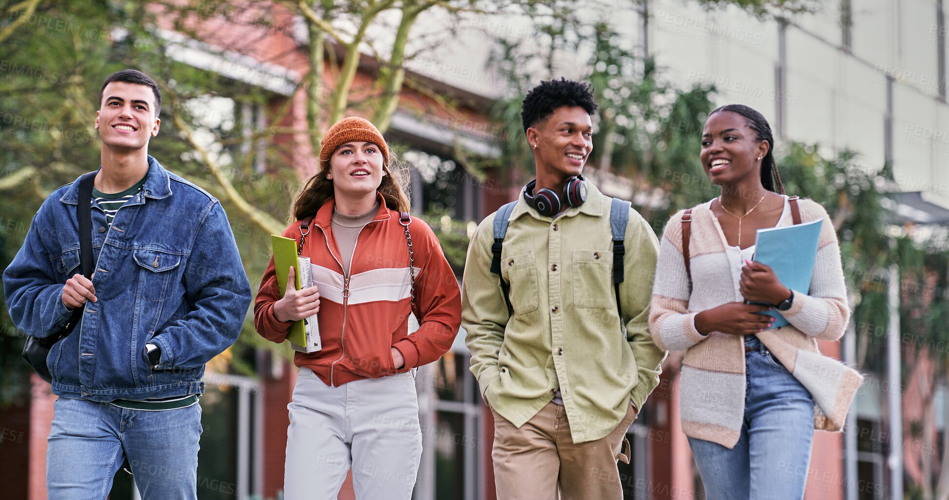 Buy stock photo Group, university students and outdoor with people, chat and diversity for walking on campus. Friends, happiness and talking for education, development and scholarship for learning, college or school