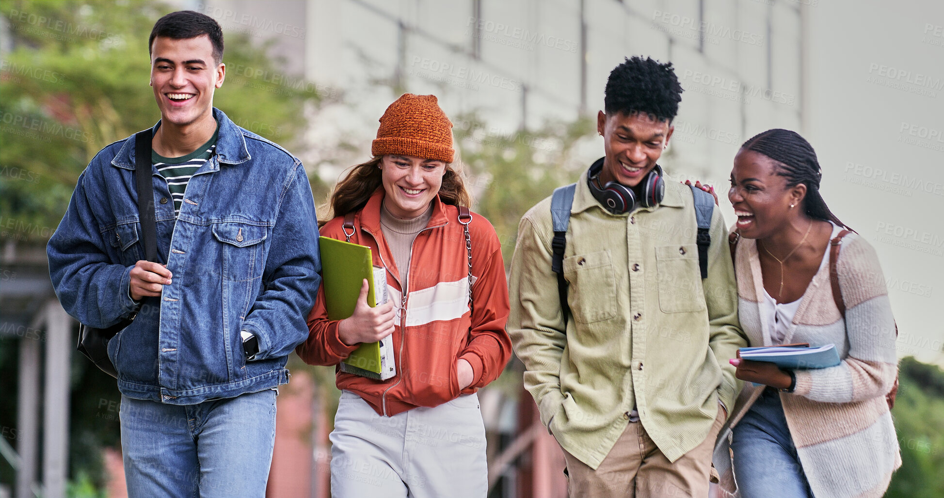 Buy stock photo Group, university students and outdoor with friends, chat and diversity for walking on campus. People, happiness and talking for education, development and scholarship for learning, college or school