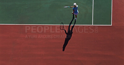 Buy stock photo Tennis, hit and woman on outdoor court with challenge, performance and action game from above. Racket, serve and professional athlete at lines for fitness, wellness and competition at sports club