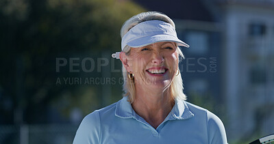 Buy stock photo Fitness, tennis and mature woman with smile, sportswear and playing of game for exercise and active. Outdoor, portrait and person with equipment for workout, athlete and happy for match and morning