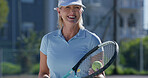 Portrait, tennis and mature woman with sportswear, racket and playing of game for exercise and active. Outdoor, healthy and person with equipment for workout, athlete and happy for sport and morning