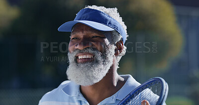Buy stock photo Tennis, smile and happy with senior black man on court for sports tournament, competition and game. Training, exercise and championship with elderly person in outdoors for athlete, fitness and event