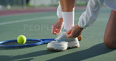 Buy stock photo Getting ready, shoes and tie with person on tennis court for start of game, practice or training closeup. Fitness, exercise and sport with hands of athlete outdoor at competition venue for tournament
