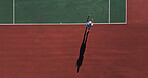 Tennis, serve and woman on court for professional game, performance and action challenge from above. Racket, ball and athlete at lines for fitness, wellness and competition at outdoor sports club