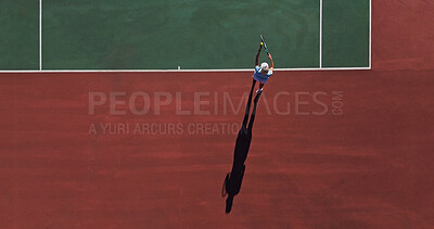 Buy stock photo Tennis, serve and woman on court for professional game, performance and action challenge from above. Racket, ball and athlete at lines for fitness, wellness and competition at outdoor sports club