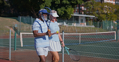 Buy stock photo Tennis court, friends and mature couple for workout, game or competition. Fitness, sports racket and athlete man with woman ready for training, match and outdoor weekend hobby for health and wellness