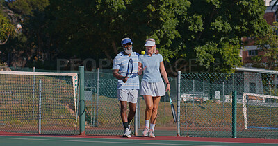 Buy stock photo Tennis court, friends and people ready for training, game or competition. Fitness, sports racket and mature athlete man with woman for match, workout and outdoor weekend hobby for health and wellness