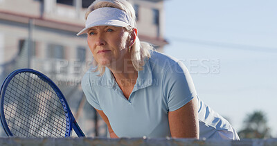 Buy stock photo Tennis, fitness and woman on court ready for match serve, game or competition. Confidence, sports racket and mature athlete for training, workout and outdoor weekend hobby for health and wellness