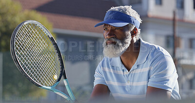 Buy stock photo Tennis, serve and health with senior black man on court for sports tournament, competition and game. Training, exercise and championship with elderly person in outdoors for athlete, fitness and event