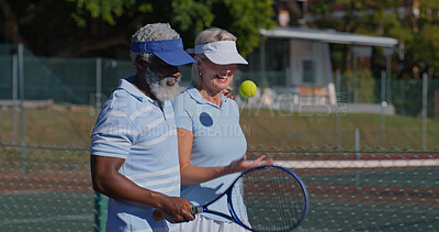 Buy stock photo Tennis court, interracial couple and mature people for match, game or competition. Fitness, sports racket and athlete man with woman for training, workout and weekend hobby for health and wellness